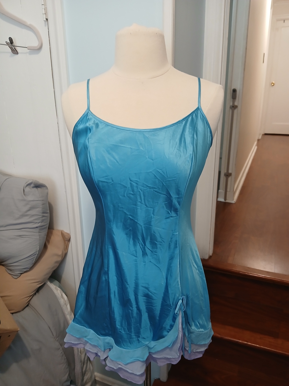 Victoria's Secret Blue Silk Babydoll 90s Slip Dress with Ruffle Hem